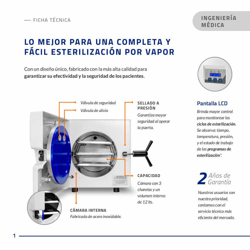 Autoclave electrónica semi-automática digital 12 Lts. 