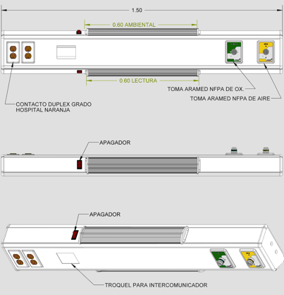 Consola 4 v delta con lámparas 1.50 mts, 2 tomas, 2 contactos duplex, troquel para intercomunicador