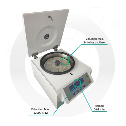 Centrífuga hematocrito mod. FUGE XII de 24 tubos capilares de 75 mm velocidad máxima 12,000 RPM