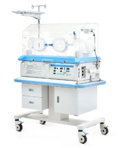 Incubadora térmica neonatal con altura ajustable y gabinete con cajones