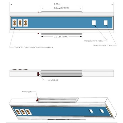 Consola de riel de 1.50 mts de largo con iluminación 2 troqueles para toma NFPA 3 contactos duplex 