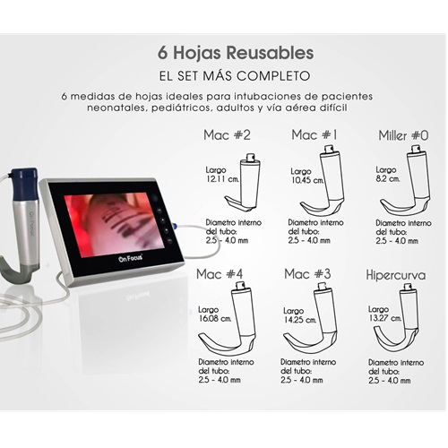 Videolaringoscopio con 6 hojas reusables, maletín y cargador de pared mod. Advanced