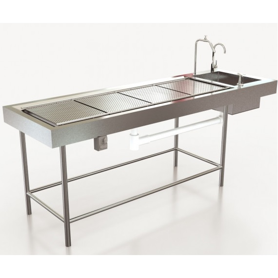 Mesa para autopsia cubierta de lámina de acero inox cal. 18 con fregadero izquierdo 240x90x90 cm