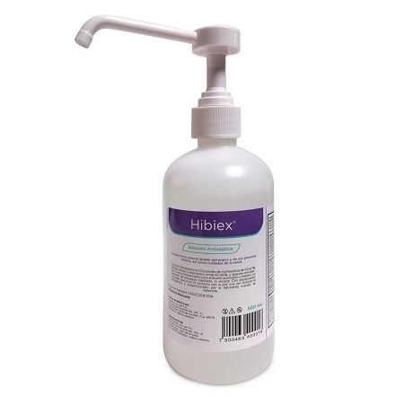 Solución antiséptica c/gluconato de clorhexidina de 0.5 al 1%, alcohol etílico de 60-80% con emolientes y aroma a hierbabuena, Modelo Hibiex 500ml c/20 pz