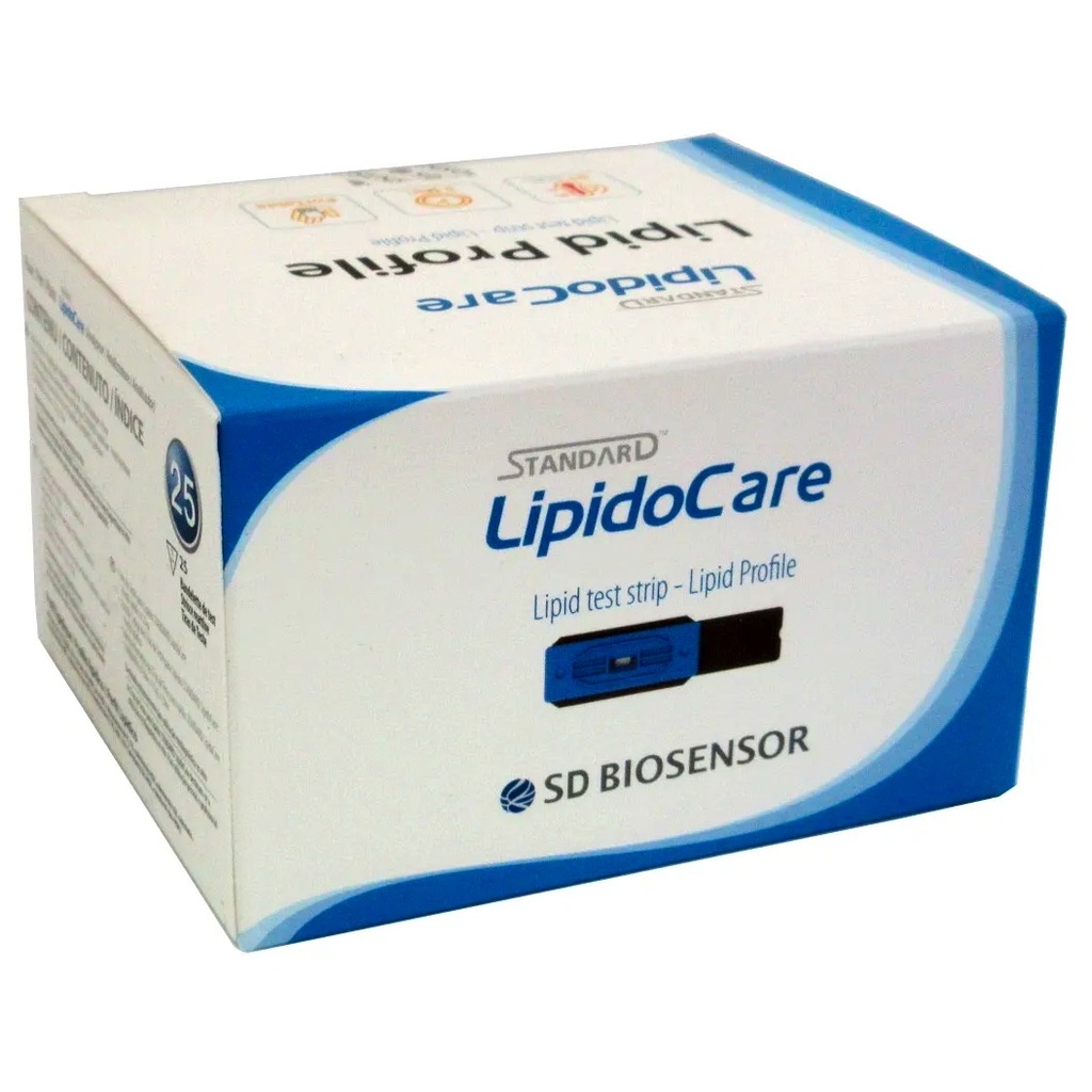 Tiras reactivas para perfil de lípidos LipidoCare (colesterol, HDL y trigliceridos) Incluye capilares 35ml, caja c/25 piezas