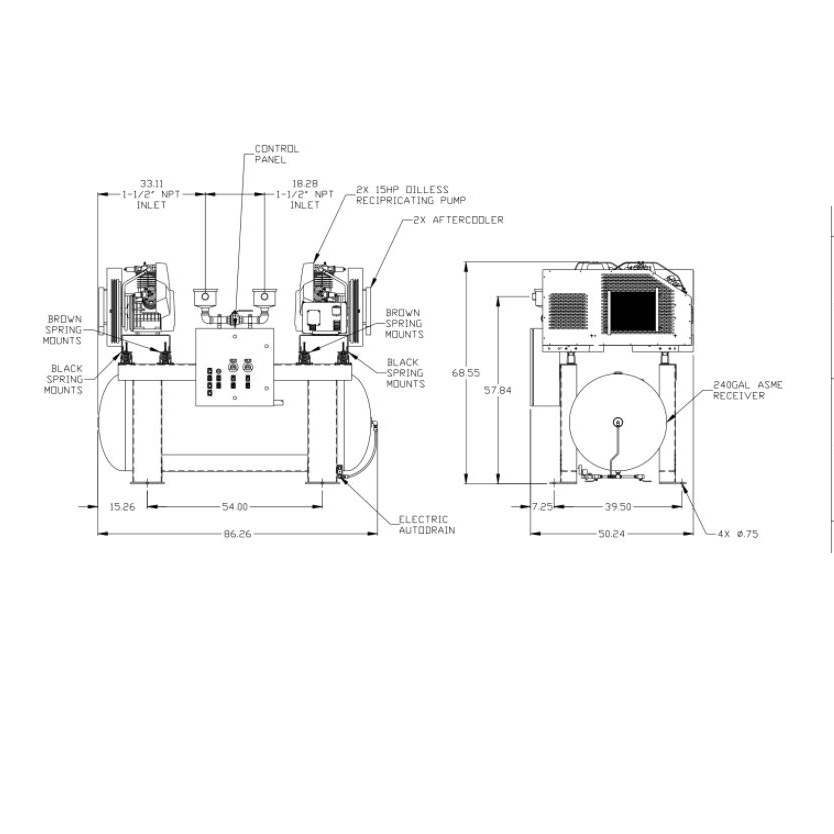 Compresor grado medico de 15HP, dúplex de 240 galones Mod. xx con refrigerantes