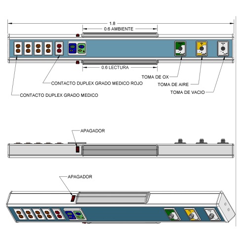 Consola 4 V delta de 180 cms con 3 tomas (aire/oxigeno/vacío) + 5 contactos duplex con iluminación para un encamado