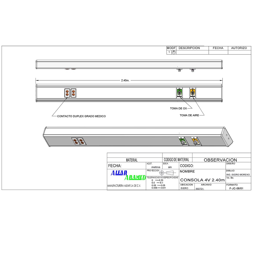 Consola 4 V delta de 240 cms con 2 tomas (aire/oxigeno) + 2 contactos duplex 127 v con iluminación para un encamado