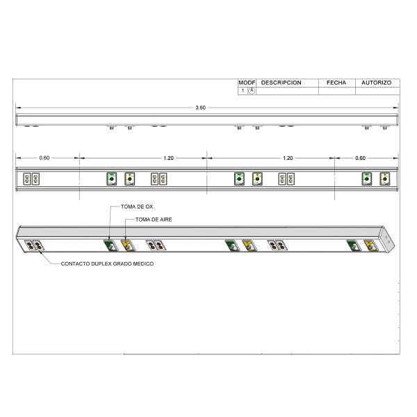 Consola 4 V delta de 3.6 m para 3 encamados con 1 toma de aire + 1 toma de oxígeno + 2 contactos duplex grado médico sin iluminación