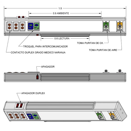 Consola 4 v delta con lámparas 1.50 mts, 2 tomas, 3 contactos duplex, troquel para intercomunicador