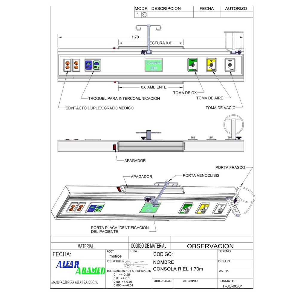 Consola con riel para porta equipos con iluminación de 1.70mts de largo 3 tomas + 2 contactos +  troquel para intercomunicador