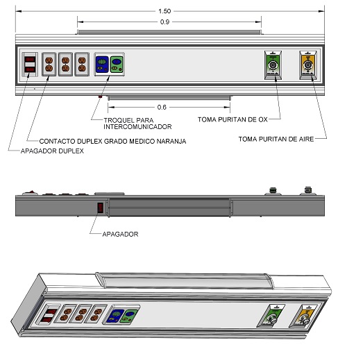 Consola con riel y lámparas para porta equipos 1.50 mts, 2 tomas, 3 contactos duplex, troquel para intercomunicador