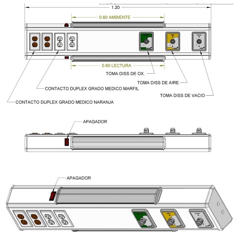 Consola de cabecera horizontal 120cm de longitud 3 tomas (oxigeno/aire/vacío) 4 contactos duplex grado medico