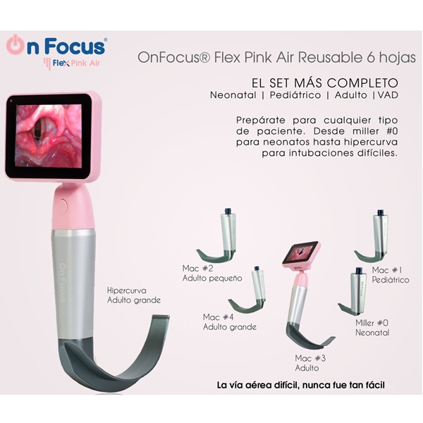 Videolaringoscopio portatil con 6 hojas reusables mod. Flex Pink Air HD