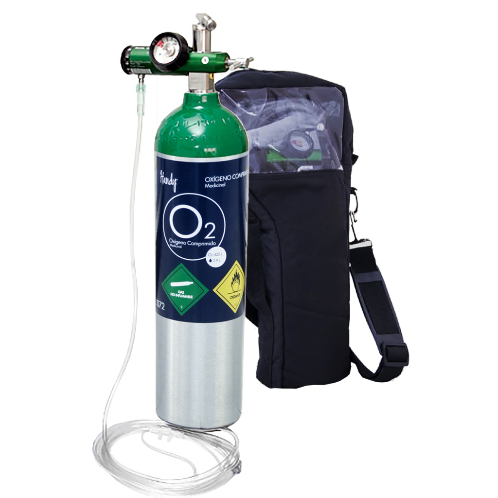 Equipo de oxigeno de 425 litros SIN OXIGENO, regulador, puntas nasales y bolsa Handy