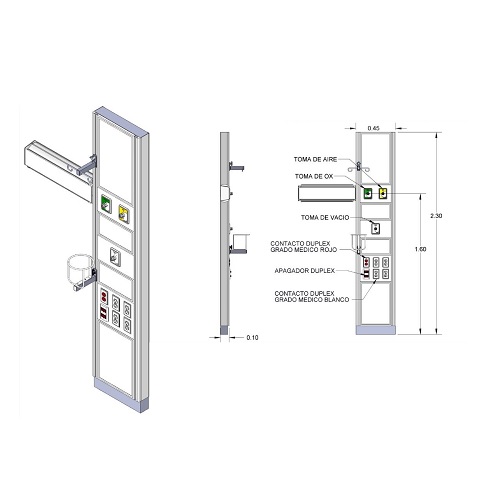 [ARD-902717] Panel para terapia intensiva, UCIN, terapia intermedia y pediátrica, 230 cm de altura x 45 cm de ancho, 3 tomas, 5 contactos duplex, con iluminación,  1 portasueros,1 porta canastilla