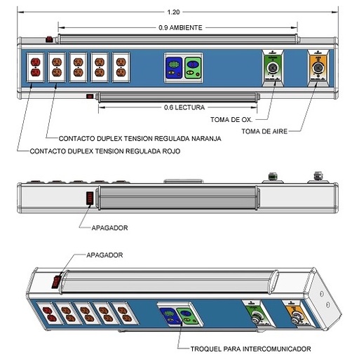 [ARD-902707-120-2T-5C] Consola 4 V delta con lámparas 120 cms 2 tomas, 5 contactos duplex, troquel para intercomunicador e iluminacion