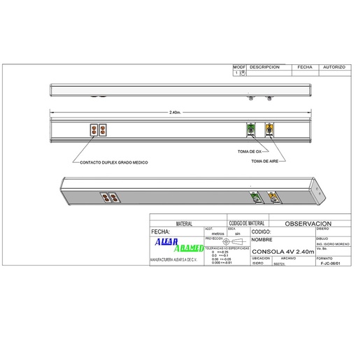 [ARD-902800-240-2T-2C] Consola 4 V delta de 240 cms con 2 tomas (aire/oxigeno) + 2 contactos duplex 127 v con iluminación para un encamado