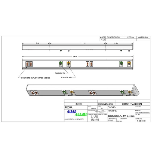 [ARD-902800-240-4T-4C] Consola 4 V delta de 240 cms con 4 tomas (2 aire/2 oxigeno) + 4 contactos duplex 127 v para 2 encamados