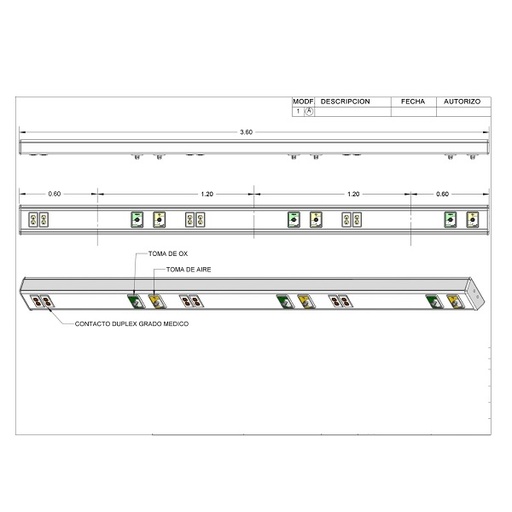 [ARD-902800-360-3E-2T-2C] Consola 4 V delta de 3.6 m para 3 encamados con 1 toma de aire + 1 toma de oxígeno + 2 contactos duplex grado médico sin iluminación