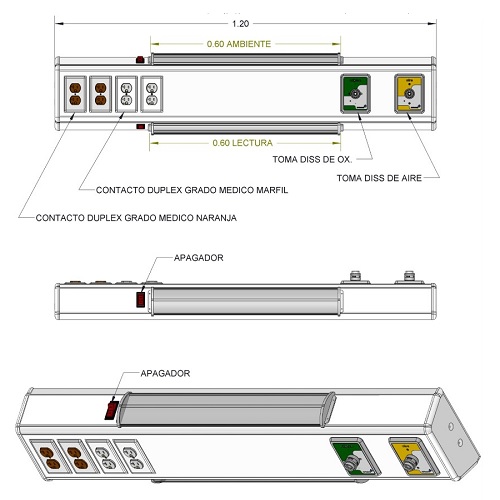 [ARD-GM32-065-015] Consola de cabecera horizontal individual tomas de O2 y Aire + 4 contactos + iluminación 120 cm de longitud 